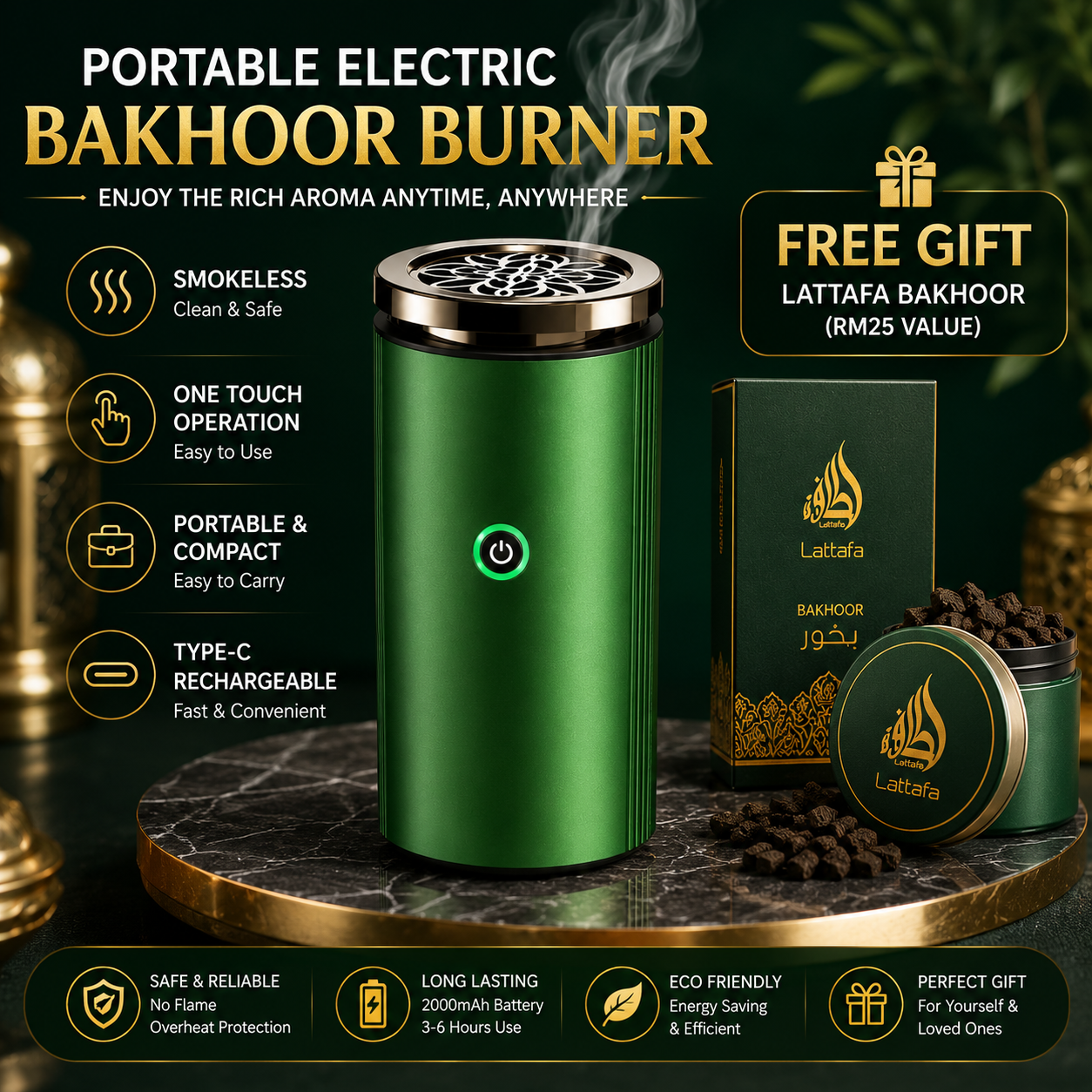 (Free Gift Lattafa Bakhoor Rm25) Electric Bakhoor Incense Burner with Quran recital n Bluetooth Speaker with USB Connectivity-