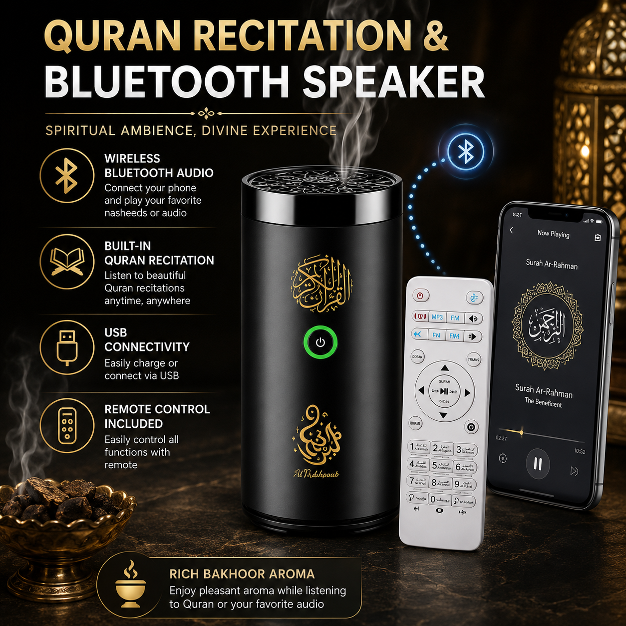 (Free Gift Lattafa Bakhoor Rm25) Electric Bakhoor Incense Burner with Quran recital n Bluetooth Speaker with USB Connectivity-